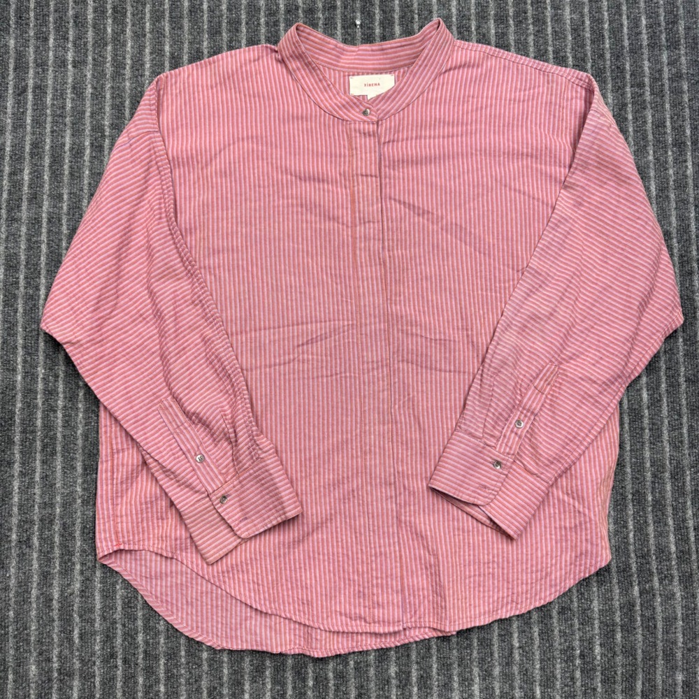 Xirena Womens XL Pink Striped Band Collar Hidden Placket Button Down (2465)